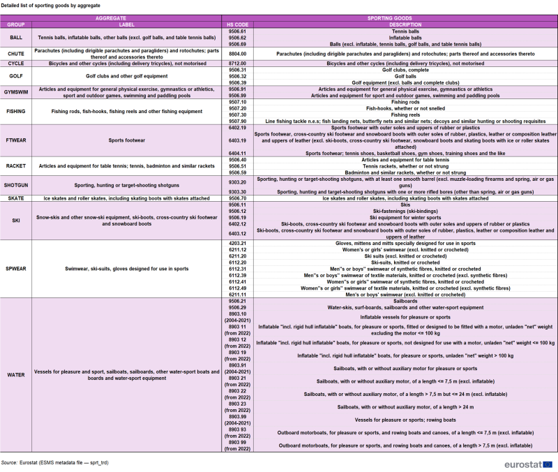 Table showing the detailed list of sporting goods by aggregate, including the group, the label, the harmonised system codes and a description.
