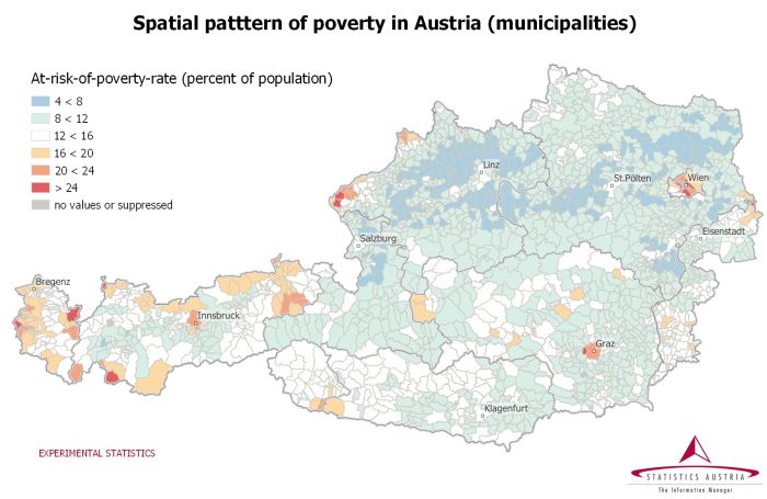 A map showing spatial patterns of poverty for municipalities across Austria, based on the at-risk-of-poverty rate.
