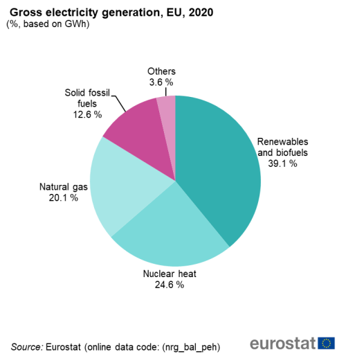 Pie chart on gross electricity production in 2020 in the EU, EU Member States and some of the EFTA countries. Each bar shows the three components of the price, which are the price without taxes, the VAT, and other taxes.