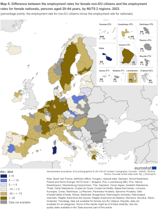 Map showing percentage points difference between the employment rates for female non-EU citizens and the employment rates for female nationals, persons aged 20 to 64 years by NUTS 2 regions in the EU and surrounding countries for the year 2023. Each NUTS 2 region is classified based on ranges.