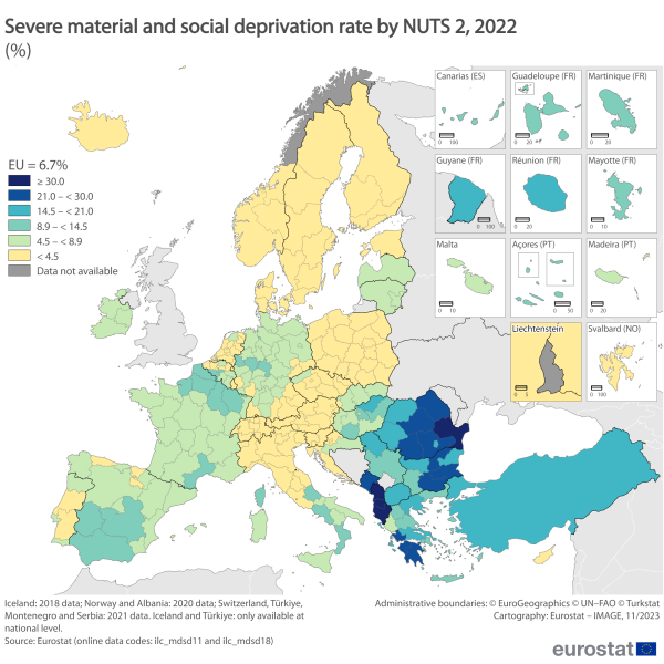 Map showing severe material and social deprivation by EU NUTS level 2 regions. Each region is colour-coded based on percentages of severe material and social deprivation for the year 2022.