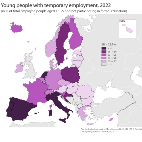 Map of Europe showing the share of young people with temporary employment for each EU Member State and some of the EFTA countries in 2022. Data are presented as percentage of total employed people aged 15-29 and not participating in formal education.