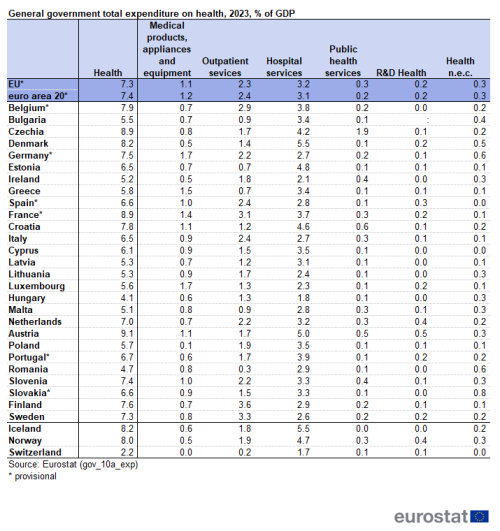 A table showing the total general government expenditure on health for the year 2022, expressed as a percentage of GDP and divided into each health category. Data is shown for the EU, the euro area, the EU Member States and some of the EFTA countries.