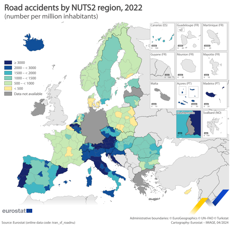 a map showing Road accidents by NUTS 2 region in the year 2022.