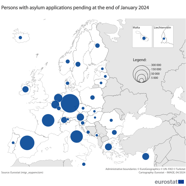 Map showing persons with asylum applications pending in the EU Member States and surrounding countries at the end of January 2024. Each country is classified based on a range in number of applications pending.
