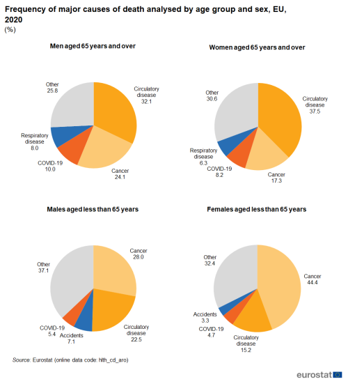 Four pie charts on the frequency of major causes of death analysed by age group and sex in the EU in 2020. The four pie charts show, males ages 65 years and over, females aged 65 years and over, males ages less than 65 and females aged less than 65.