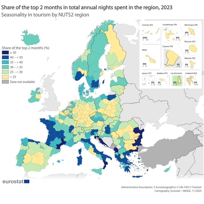 Map showing seasonality in tourist accommodation by EU NUTS 2 regions as percentage share of the top 2 months in total annual nights spent in the region. Each region is coded based on percentage ranges for the year 2023.