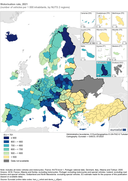 Map showing motorisation rate as number of vehicles per 1 000 inhabitants by NUTS 2 regions in the EU and surrounding countries. Each region is classified based on a numbered range of motorisation rate for the year 2021.
