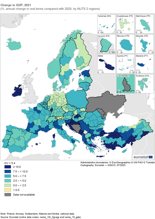 Map showing change in GDP as percentage annual change in real terms compared with 2020 in the EU and surrounding countries by NUTS 2 regions. Each country region is colour-coded based on the percentage within certain ranges for the year 2021.