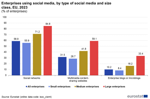 a vertical bar chart with four bars showing the enterprises using social media, by type of social media used and size class in the EU in the year 2023, the bars show the different sizes of enterprises.