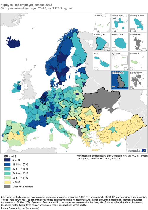 Map showing highly-skilled employed people as percentage of people aged 25 to 64 years by NUTS 2 regions in the EU and surrounding countries. Each region is colour-coded based on a percentage range for the year 2022.