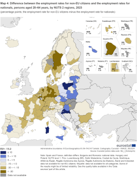 Map showing percentage points difference between the employment rates for non-EU citizens and the employment rates for nationals, persons aged 20 to 64 years by NUTS 2 regions in the EU and surrounding countries for the year 2023. Each NUTS 2 region is classified based on ranges.