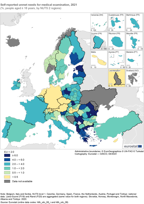 Map showing self-reported unmet needs for medical examination as percentage of people aged 16 years and over by NUTS 2 regions in the EU. Each region is colour-coded based on a percentage range for the year 2021.