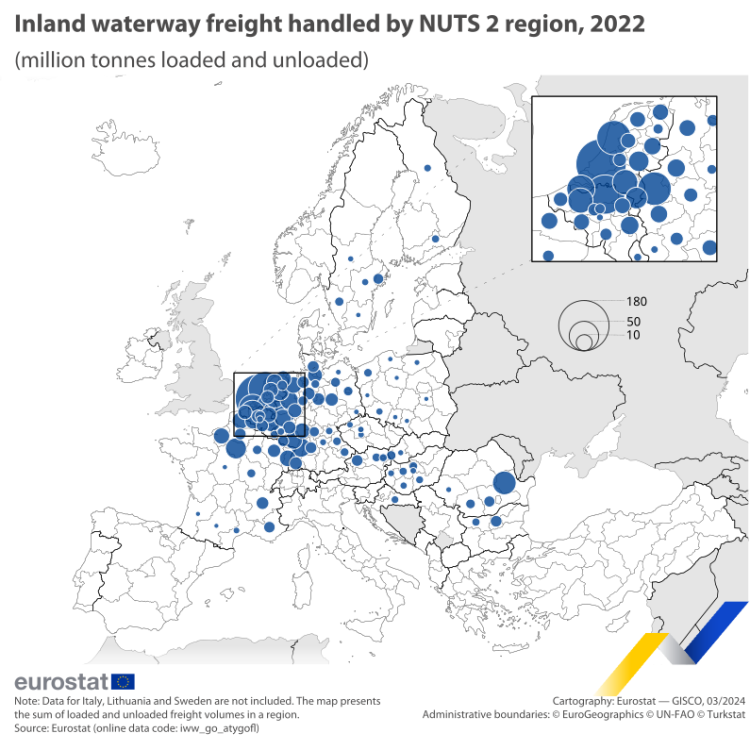 A map showing inland waterway freight handled in the EU by NUTS 2 region in 2022 in million tonnes loaded and unloaded.