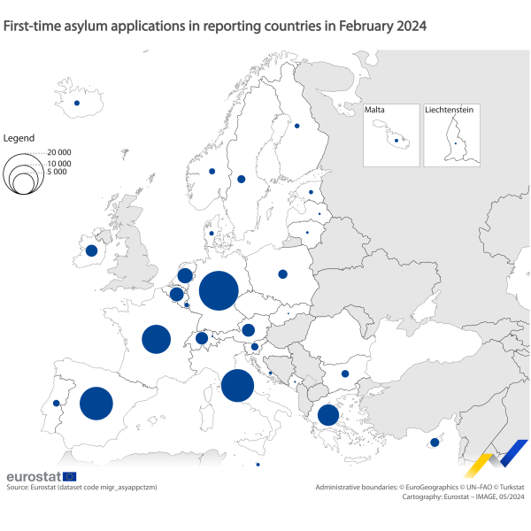 Map showing persons with asylum applications pending in the EU Member States and surrounding countries at the end of February 2024. Each country is classified based on a range in number of applications pending.