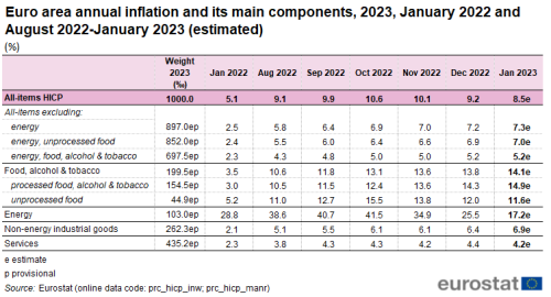 Table on the euro area annual inflation and its main components. The ten rows show the following items: 1) all-items, 2) all-items excluding energy, 3) all-items excluding energy and unprocessed food, 4) all-items excluding energy, food, alcohol and tobacco, 5) food, alcohol and tobacco, 6) processed food, alcohol and tobacco, 7) unprocessed food, 8) energy, 9) non-energy industrial goods, and 10) services. Data is shown in eight columns, which are: the item group's weight in 2022 in per mil, as well as the euro area annual inflation in the month January 2022 and the six months from August 2022 to January 2023.