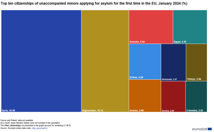 Treemap showing the top ten citizenships in percentages of unaccompanied minors applying for asylum for the first time in the EU in January 2024.