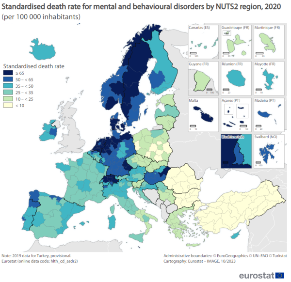 Map showing standardised death rate for mental and behavioural disorders per 100 000 inhabitants in the EU and surrounding countries by NUTS 2 regions. The NUTS 2 regions are colour-coded within certain ranges for the year 2020.