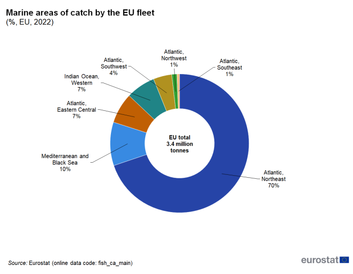 Doughnut chart showing percentage marine areas of catch by the EU fleet. Seven segments represent seven marine areas in the Atlantic and Indian oceans and the Mediterranean and Black seas for the year 2022.