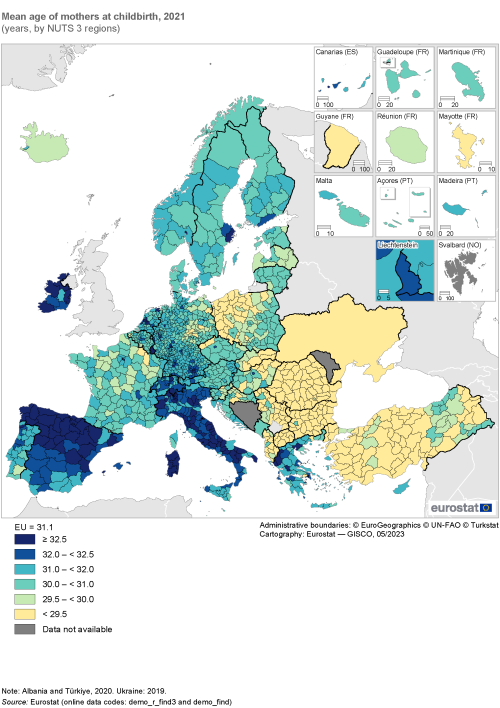 Map showing mean age of mothers at childbirth in years by NUTS 3 regions in the EU and surrounding countries. Each region is classified based on a range of ages for the year 2021.
