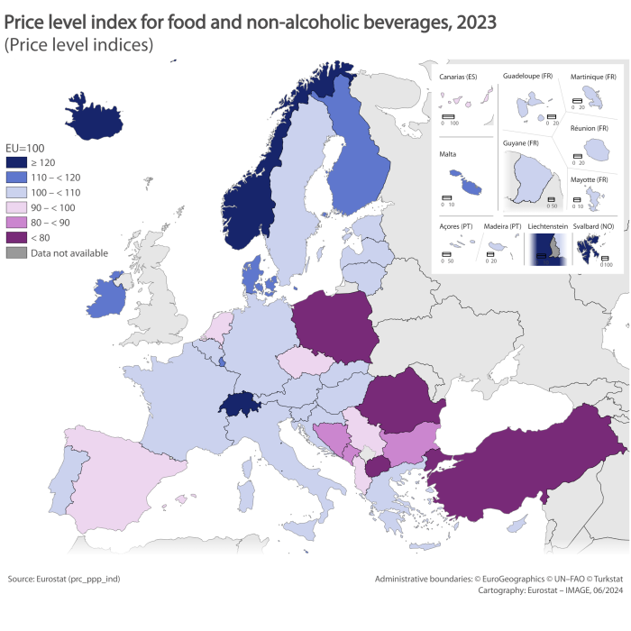 Map showing price level index for food and non-alcoholic beverages as price level indices in the EU Member States and surrounding countries. Each country is classified based on the range of price level indices for the year 2023. The EU is set at 100.