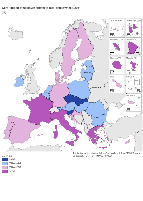 A map showing the contribution of spillover effects to total employment. Data are shown in percentages, for 2021, for the EU and the EU Member States. The complete data of the visualisation are available in the Excel file at the end of the article.