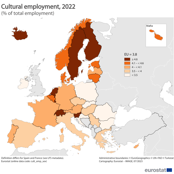 a map showing Cultural employment in 2022 in the EU, EU Member States and some of the EFTA countries, candidate countries.