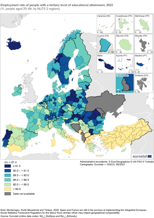 Map showing employment rate of people with a tertiary educational attainment as percentage of people aged 25 to 64 years by NUTS 2 regions in the EU and surrounding countries. Each region is colour-coded based on a percentage range for the year 2022.