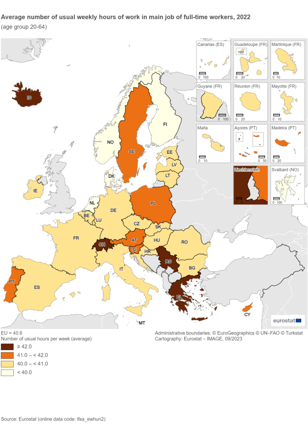 Map showing average number of usual weekly hours of work in the main job for the full-time workers of the age group 20 to 64 years in the EU Member States and surrounding countries. Each country is colour coded based on a range of hours per week for the year 2022.