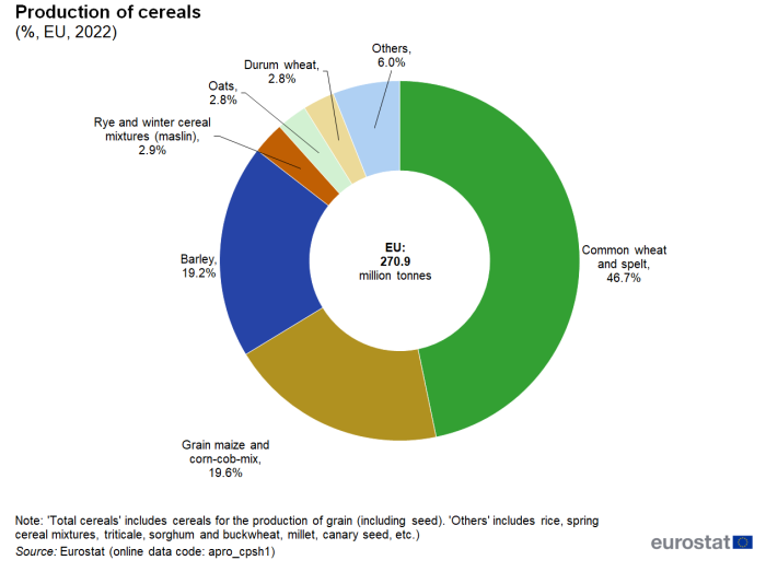 Doughnut chart showing production of different cereals in percentages in the EU for the year 2022.