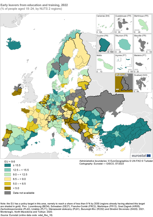 Map showing early leavers from education and training as percentage of people aged 18 to 24 years by NUTS 2 regions in the EU. Each region is colour-coded based on a percentage range for the year 2022.