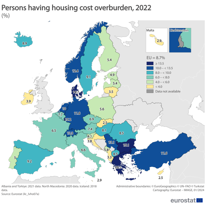 Map showing percentage persons having housing cost overburden in EU Member States and surrounding countries for the year 2022.