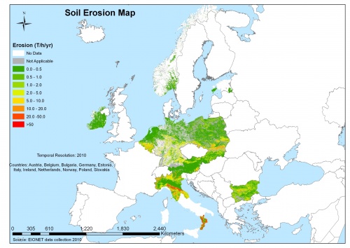 a map showing Soil erosion maps as collected through the EIONET-SOIL network expressed as tonnes per ha per year in the year 2010, in Belgium, Bulgaria, Germany, Estonia, Ireland, Itlay, Netherlands, Austria, Poland, Slovakia and Norway.