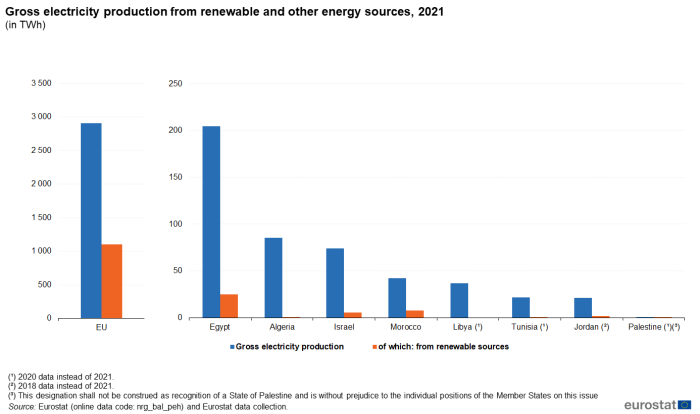 Vertical bar chart showing gross electricity production from renewable and other energy sources in terawatt hours for the EU, Egypt, Algeria, Israel, Morocco, Libya, Tunisia, Jordan and Palestine. Each country has two columns representing gross electricity production and renewable sources.
