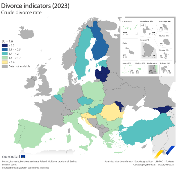 a map showing the crude divorce rate in the EU, individual EU countries, EFTA countries and some candidate countries.
