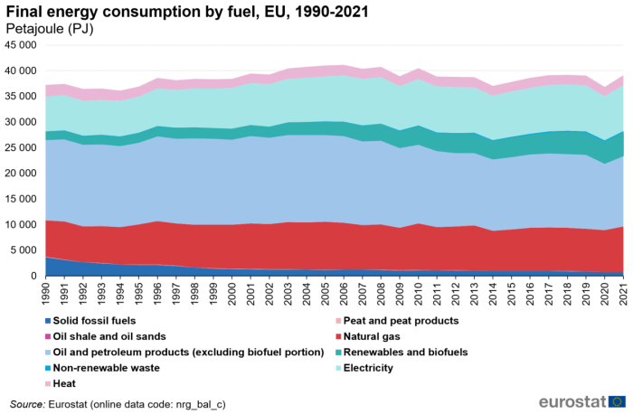 Stacked area chart showing final energy consumption by fuel in petajoules in the EU. Nine stacks represent fuel types over the years 1990 to 2021.