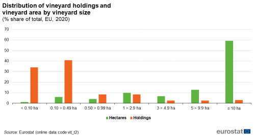 a double vertical bar chart showing the distribution of EU vineyard holdings and vineyard area by vineyard size, the bars show hectares and holdings.