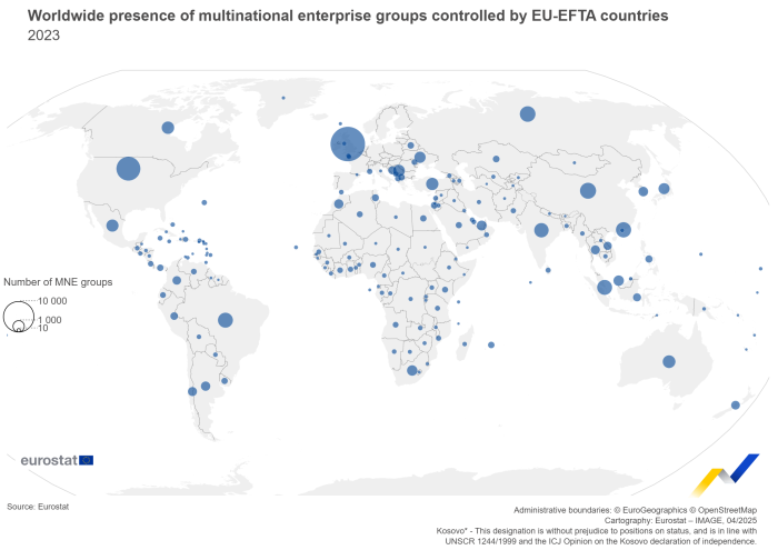 Bubble map showing worldwide presence of multinational enterprise groups controlled by EU and EFTA countries. Various countries on the world map have a bubble sized within ranges of the number of MNE groups operating in EU-EFTA for the year 2023.