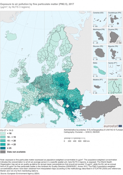 A map of Europe showing exposure to air pollution by fine particulate matter by NUTS 3 regions for the year 2017.