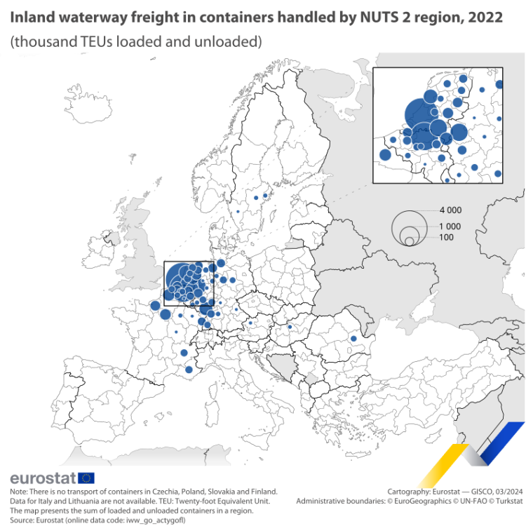 A map showing inland waterway freight in containers handled by EU NUTS 2 region in 2022 in thousand TEUs loaded and unloaded.