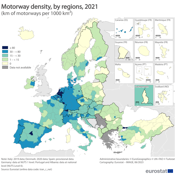 Map showing motorway density by regions in the EU Member States and surrounding countries. Each country is labelled based on the range of kilometres of motorways per thousand square kilometres for the year 2021.
