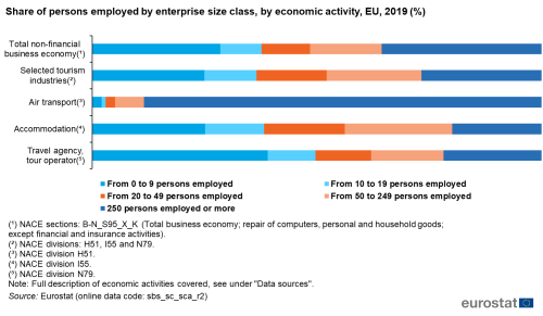 Queued horizontal bar chart showing percentage share of persons employed by enterprise size class, by economic activity in the EU. Five bars represent economic activities. Totalling 100 percent, each bar has five queues representing enterprise size class by number of persons employed for the year 2019.