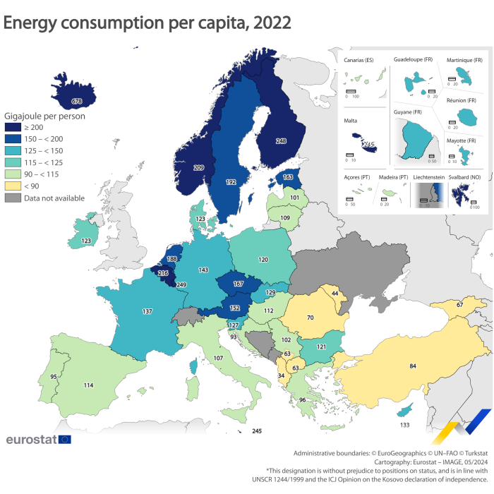 Map showing energy consumption per capita in the EU and surrounding countries. Each country is classified within a range of terajoules per person for the year 2022.
