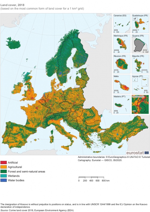 A map of Europe showing land cover based on the most common forms of land cover for a 1 kilomentre squared grid for the year 2018.