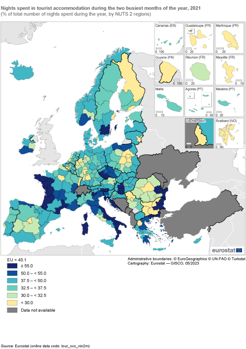 Map showing nights spent in tourist accommodation during the two busiest months of the year as percentage of total nights spent during the year, by NUTS 2 regions in the EU and surrounding countries. Each region is classified based on a percentage range for the year 2021.