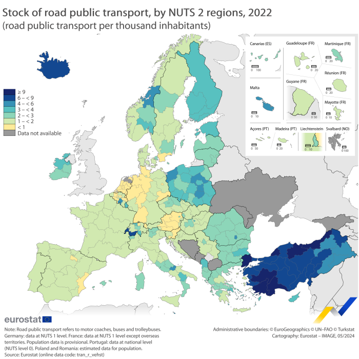 Map showing the stock of road public transport (motor coaches, buses and trolleybuses) by NUTS 2 regions as road public transport per thousand inhabitants in the EU, EFTA countries and candidate countries. Each region is labelled based on a range of road public transport for the year 2022.