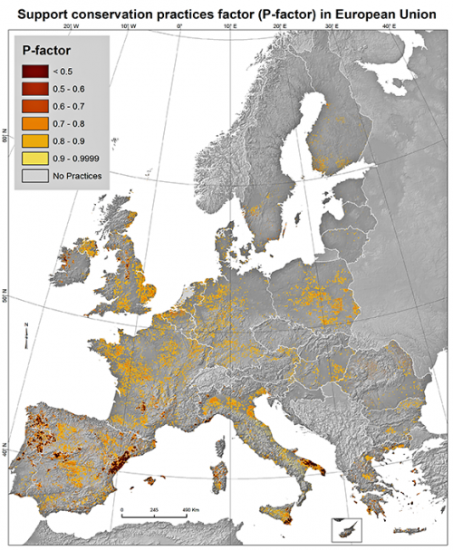 a map showing the support conservation practices factor in Europe expressed as the P-factor.