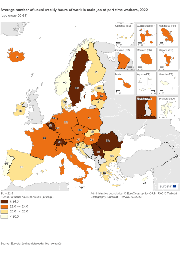 Map showing average number of usual weekly hours of work in the main job for the part-time workers of the age group 20 to 64 years in the EU Member States and surrounding countries. Each country is colour coded based on a range of hours per week for the year 2022.