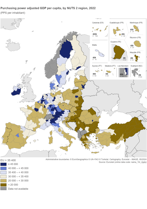 A map of Europe purchasing power adjusted GDP per capita by NUTS 2 region, in 2022. The map shows EU Member States and other European countries.