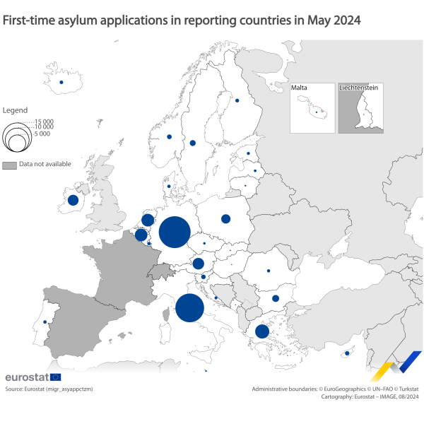 Map showing first-time asylum applications in reporting countries in May 2024. Each country is classified based on a range in numbers of first-time applicants.